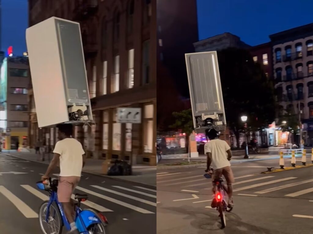Fridge On Head Video - सिर पर फ्रिज लेकर घूमता नजर आया शख़्स, वीडियो पर आये मज़ेदार कमेंट