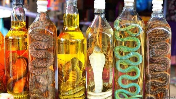 Snake Whiskey - This liquor is prepared by soaking poisonous snakes.