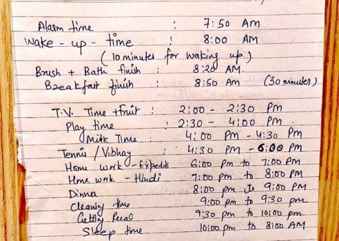 Viral Time Table - Supermom made a time table for a 6 year old girl