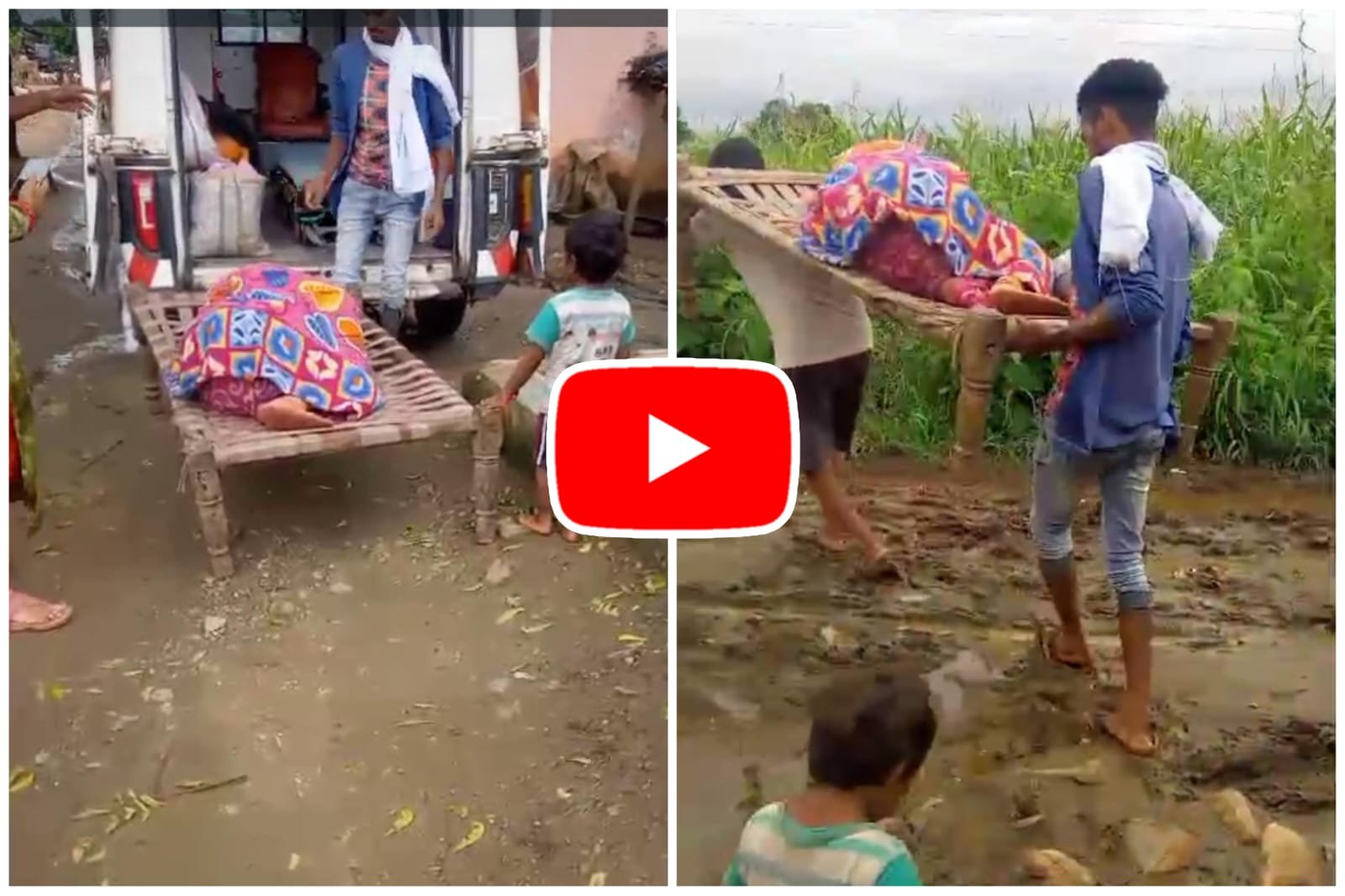 Ground Reality: Due to lack of road, pregnant woman was taken on a cot to the ambulance